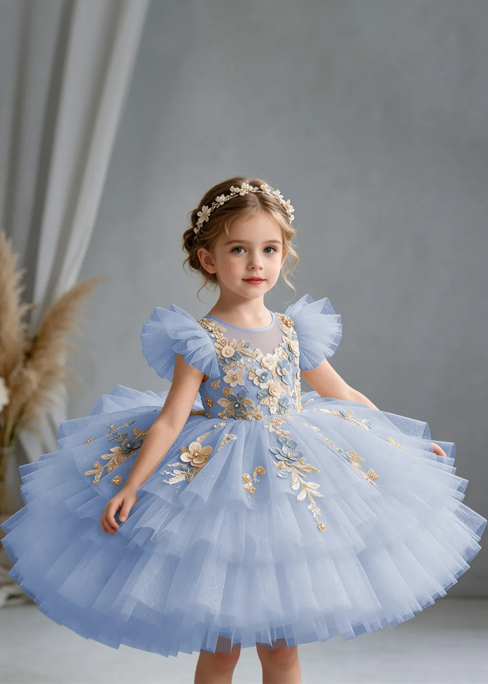 Flower girl dress in Dusty Blue, front view.