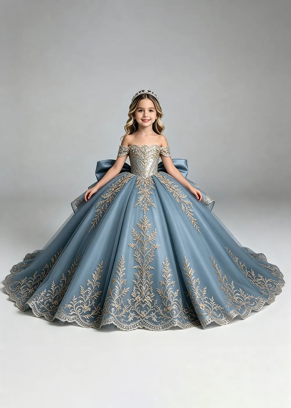 Off-Shoulder Lace Flower Girl Dress with Bow and Scalloped Hem