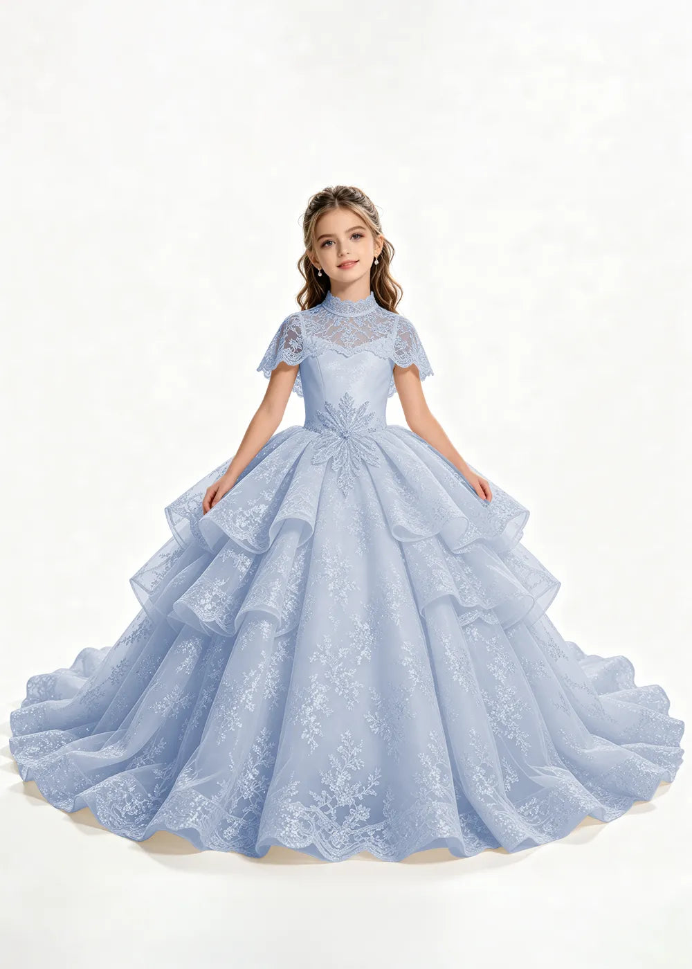 Flower girl dress in Dusty Blue, front view.