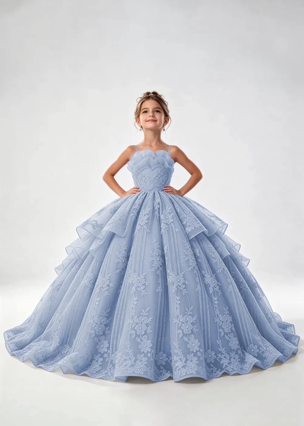 Flower girl dress in Dusty Blue, front view.