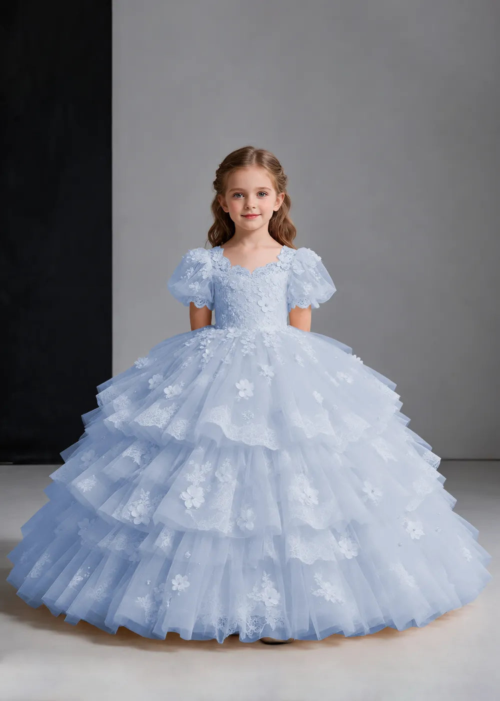 Flower girl dress in Dusty Blue, front view.