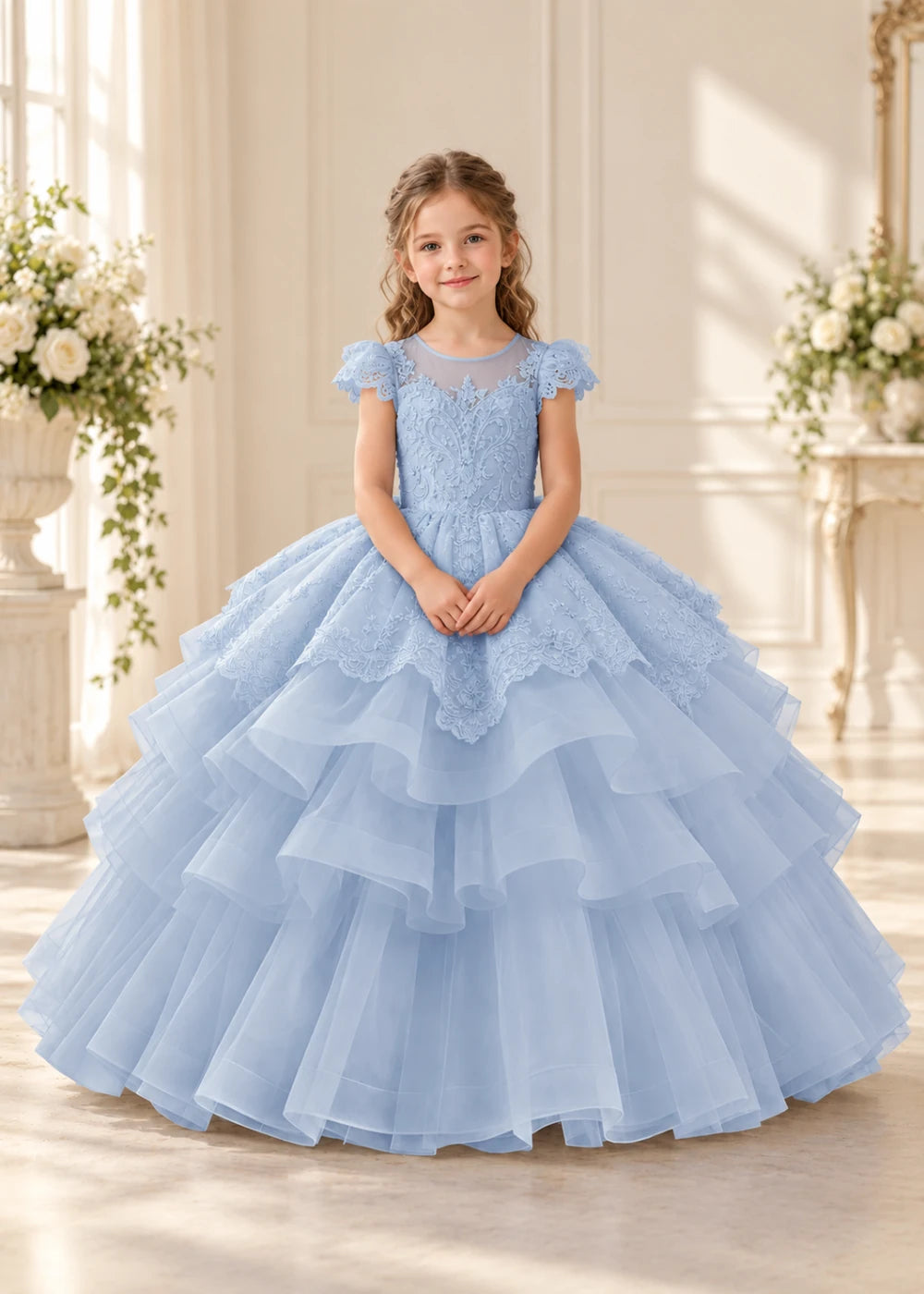 Dusty Blue Lace-Cap Flower Girl Dress with Cascading Skirt