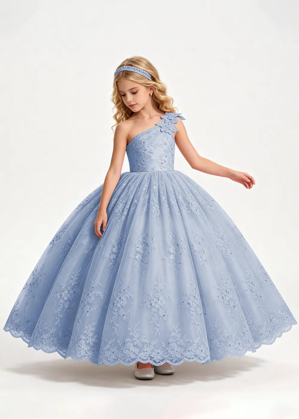 Warm Pale Blush One-Shoulder Flower Girl Gown with Scalloped Lace