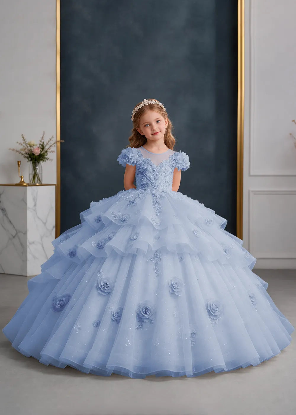 Pink Rose-Applique Flower Girl Ball Gown with Cascading Ruffles