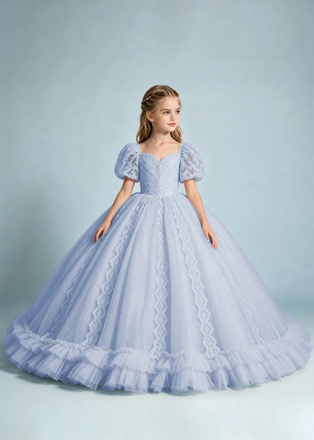 Warm Ivory Flower Girl Gown with Puff Sleeves and Ruffled Hem