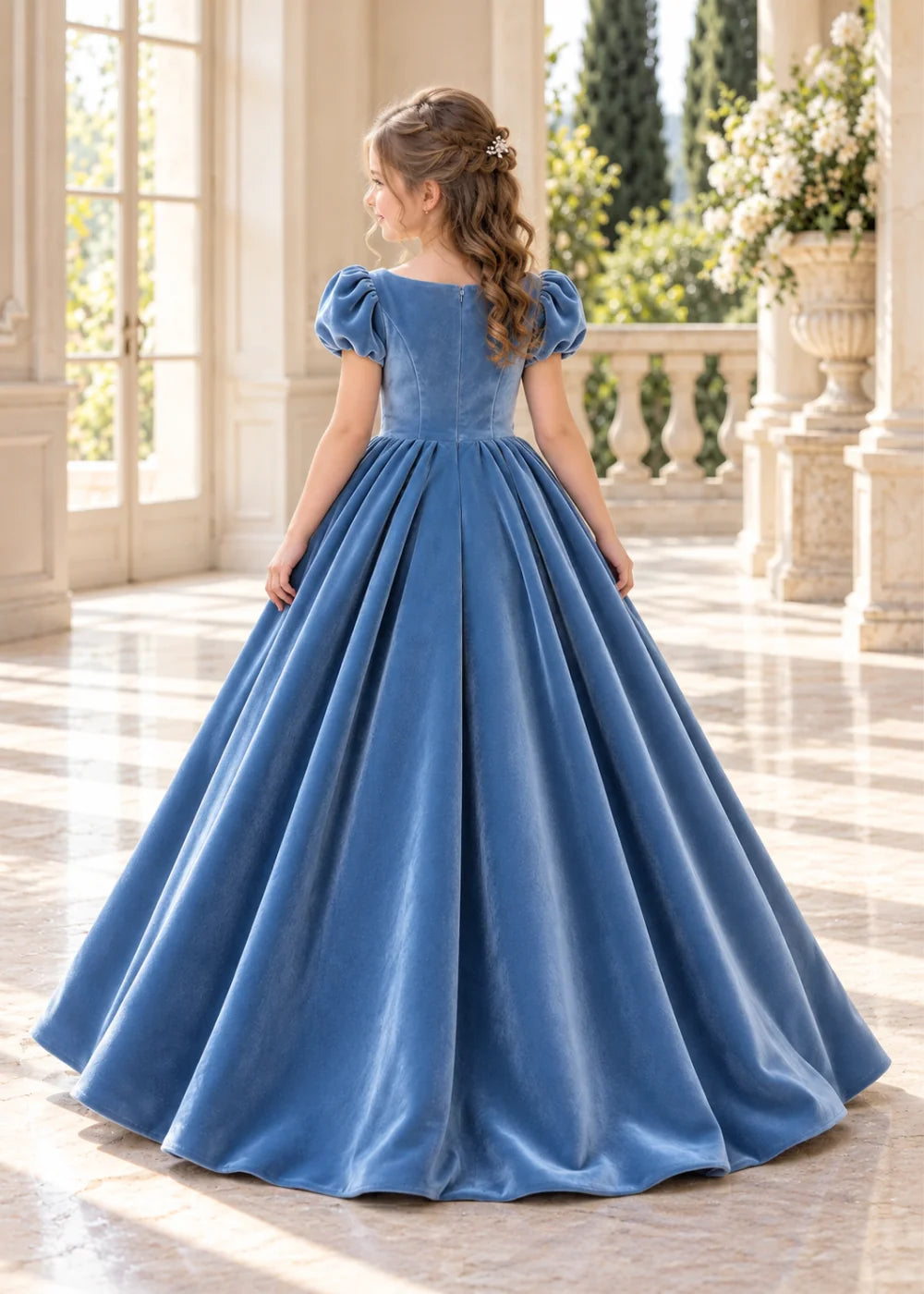 Rear view of a child wearing a dusty blue flower girl dress with a square neckline, short puff sleeves and a large velvet bow above a full tiered skirt.