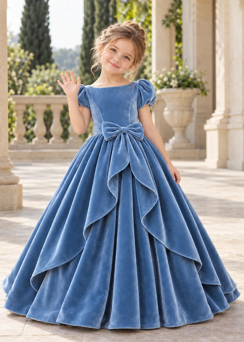 The front view of a child wearing a Dusty Blue flower girl dress with a square neckline, short puff sleeves and a large velvet bow above a full tiered skirt.