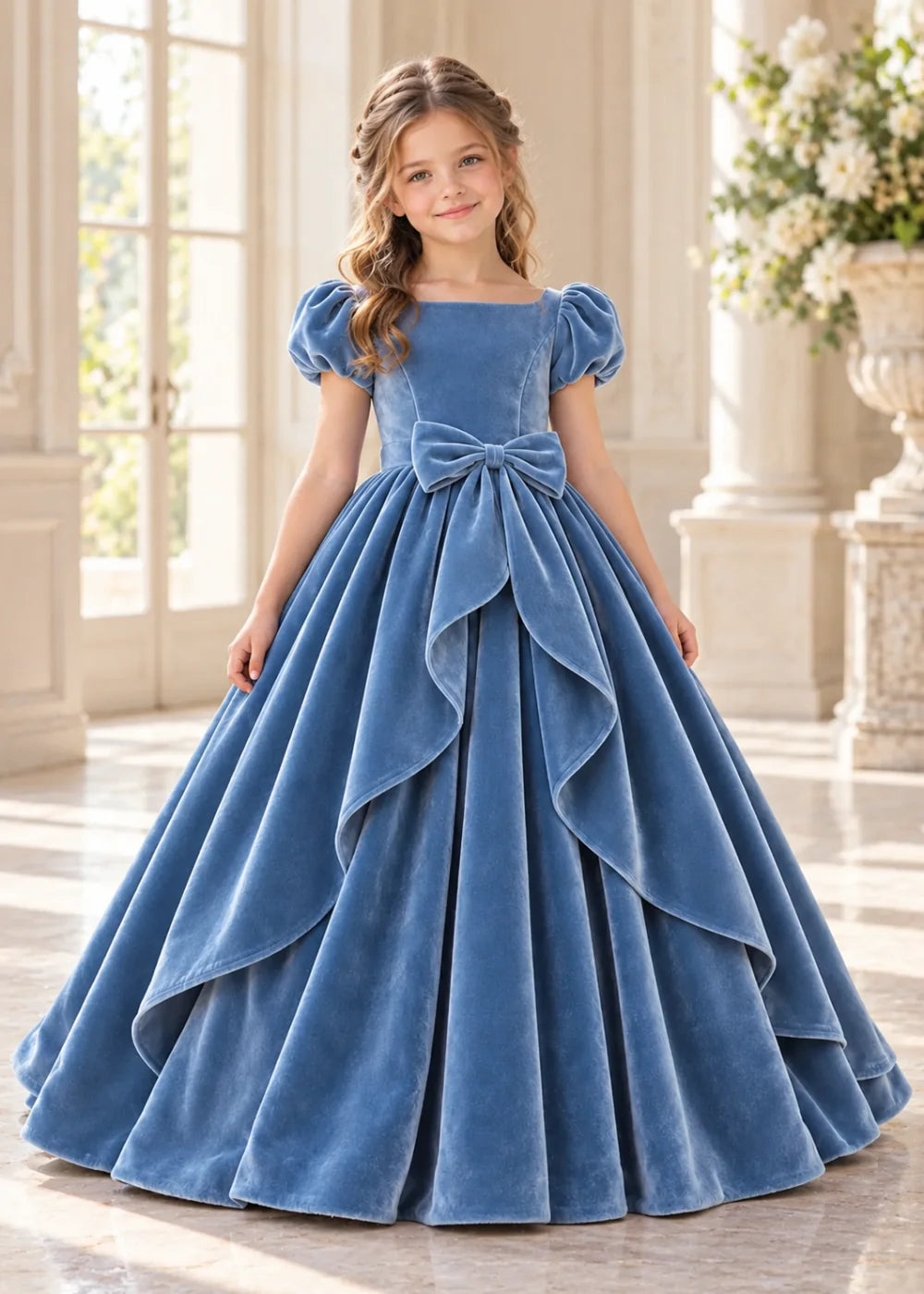 Front view of a child wearing a dusty blue flower girl dress with a square neckline, short puff sleeves and a large velvet bow above a full tiered skirt.