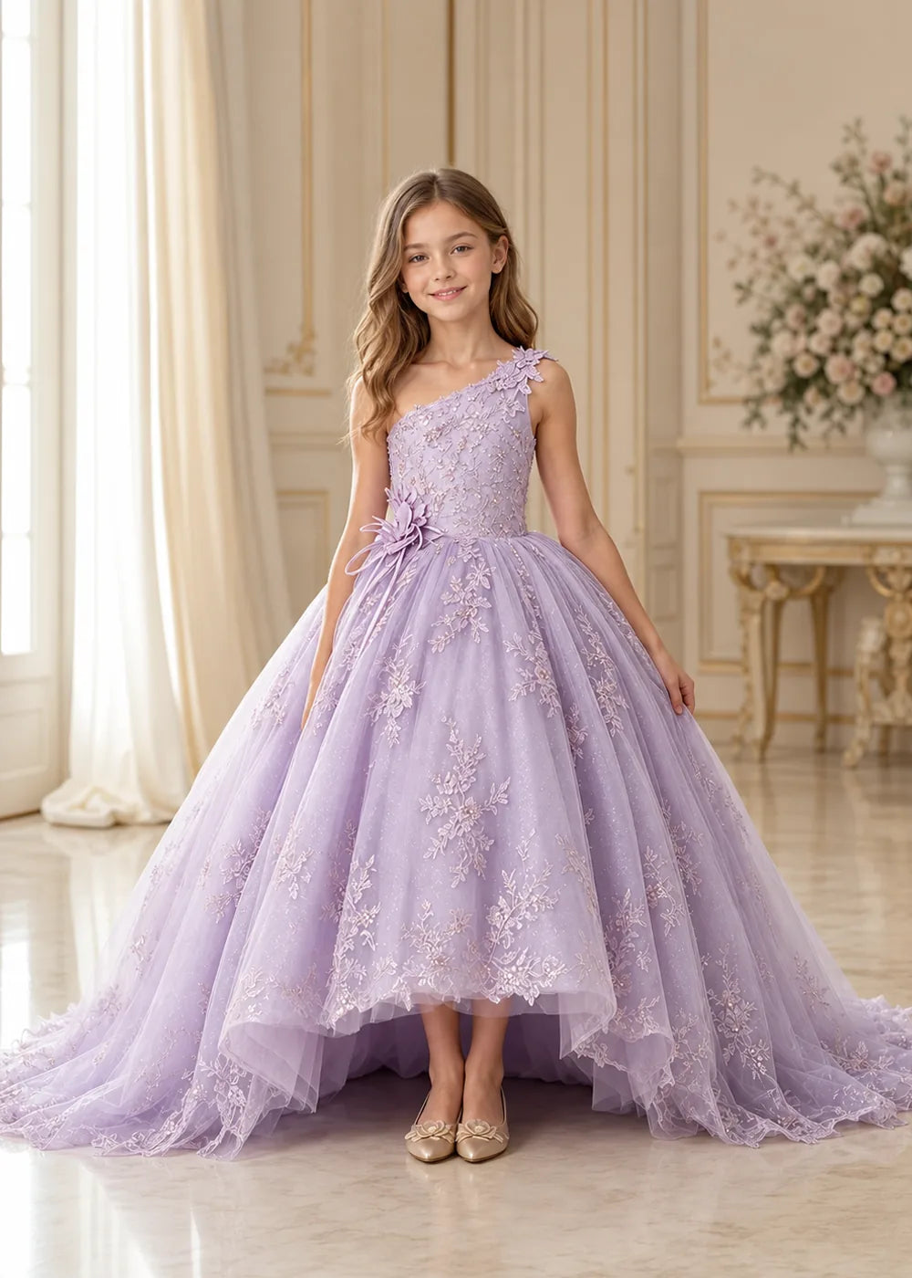 One-Shoulder High-Low Lace Flower Girl Ball Gown Dress
