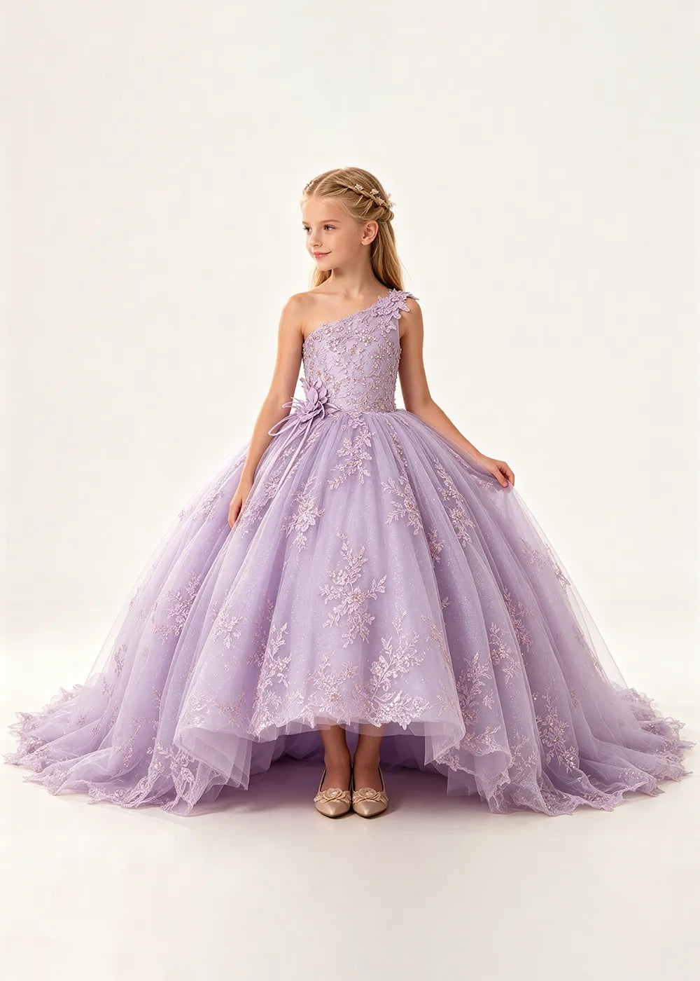 One-Shoulder High-Low Lace Flower Girl Ball Gown Dress