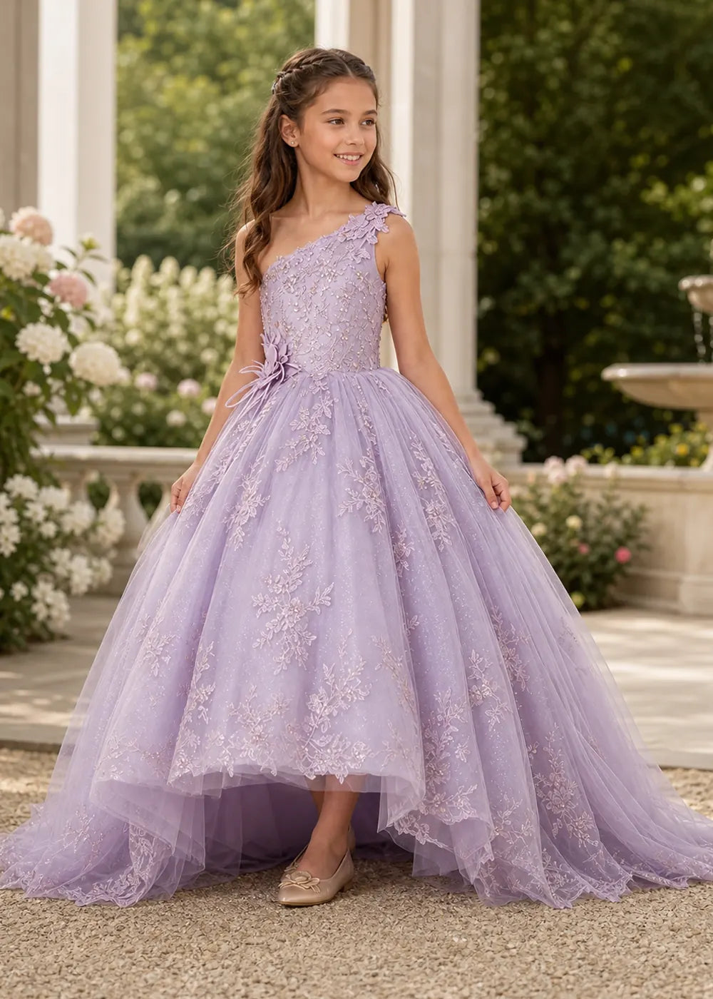 One-Shoulder High-Low Lace Flower Girl Ball Gown Dress