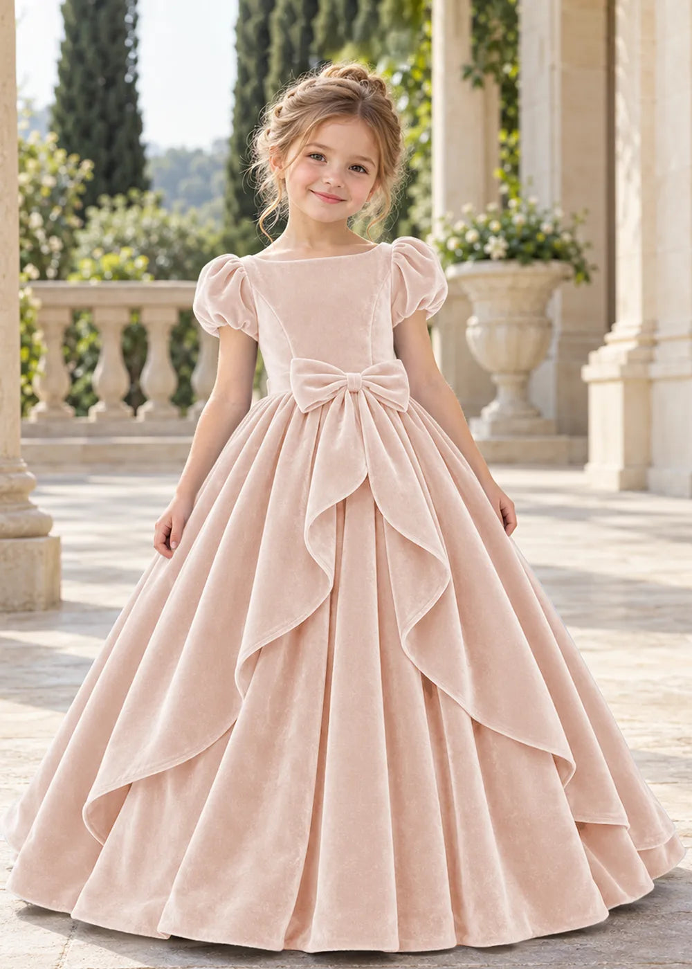 Front view of a child wearing a dusty pink flower girl dress with a square neckline, short puff sleeves and a large velvet bow above a full tiered skirt.