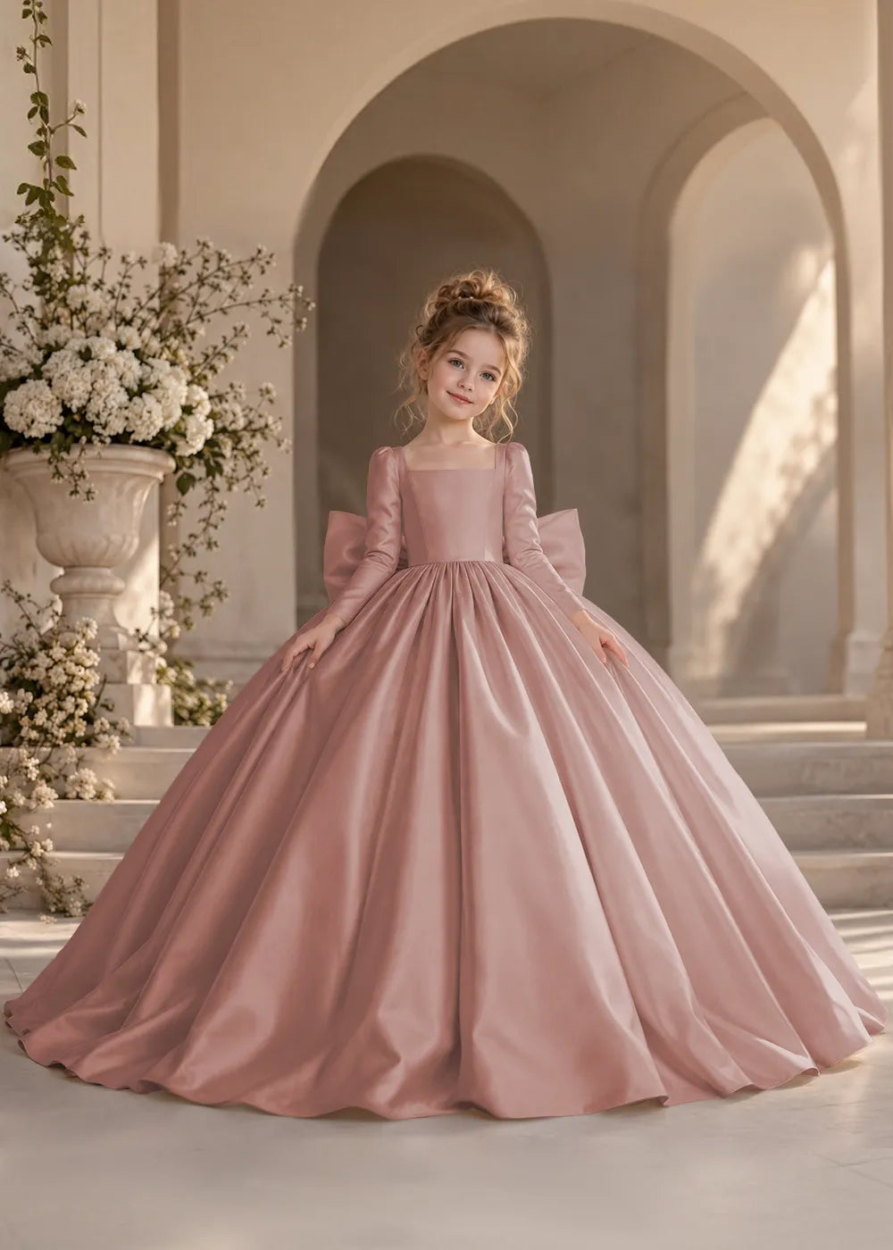 Dusty Blue Long-Sleeve Flower Girl Dress with a Full Skirt and Bow