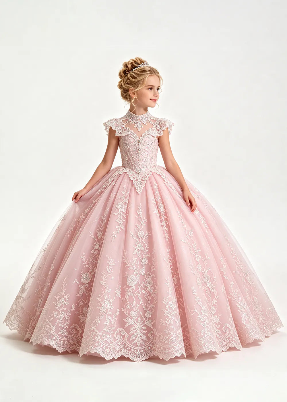 Pale Silver-Gray Blue Flower Girl Ball Gown with High Floral Collar
