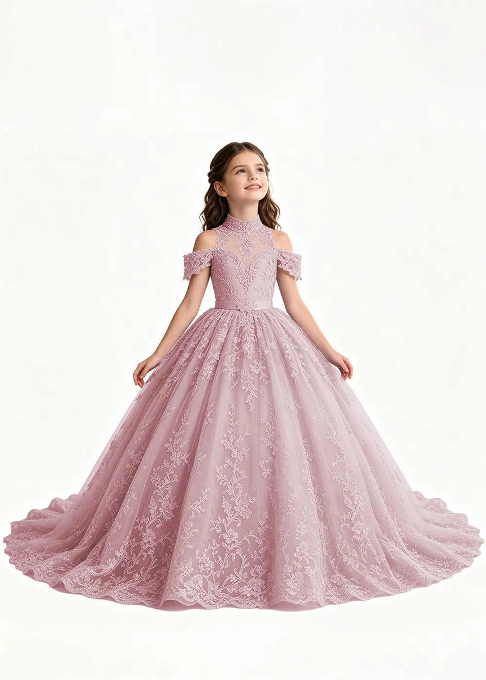 Lavender Flower Girl Gown with Floral Neckline and Train