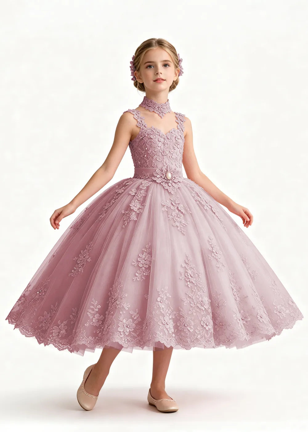 Pink Tea-Length Flower Girl Dress with Floral Neck Band