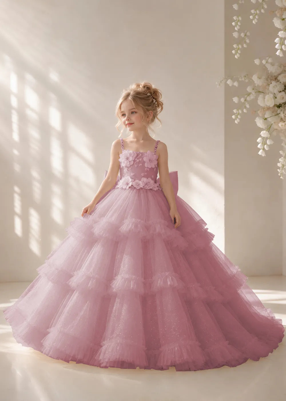 Front view of a child wearing a dusty rose flower girl dress with beaded spaghetti straps, a bodice covered in three-dimensional fabric flowers and a multi-tiered tulle skirt.