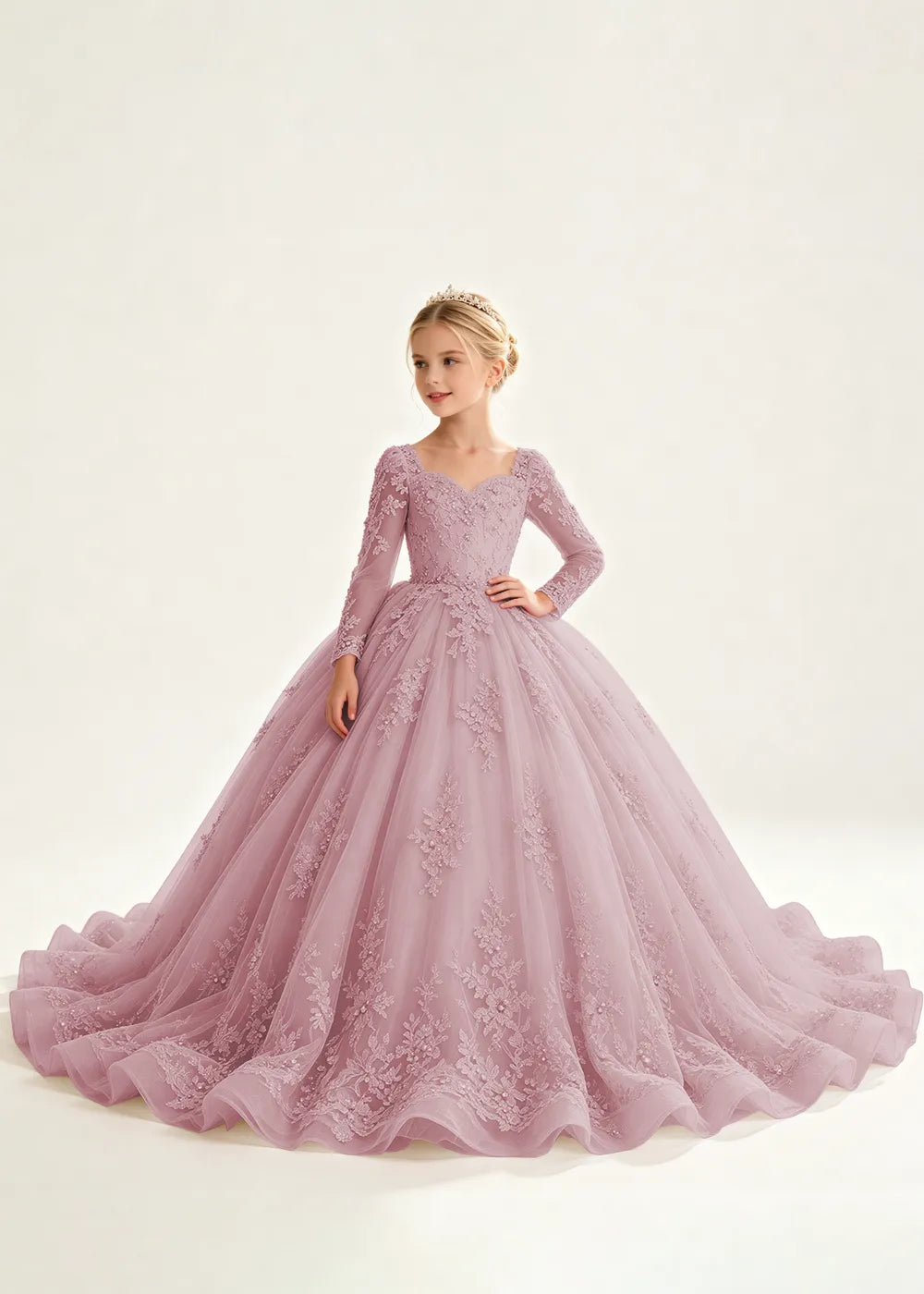 Flower Girl Dress with Long Lace Sleeves and Train