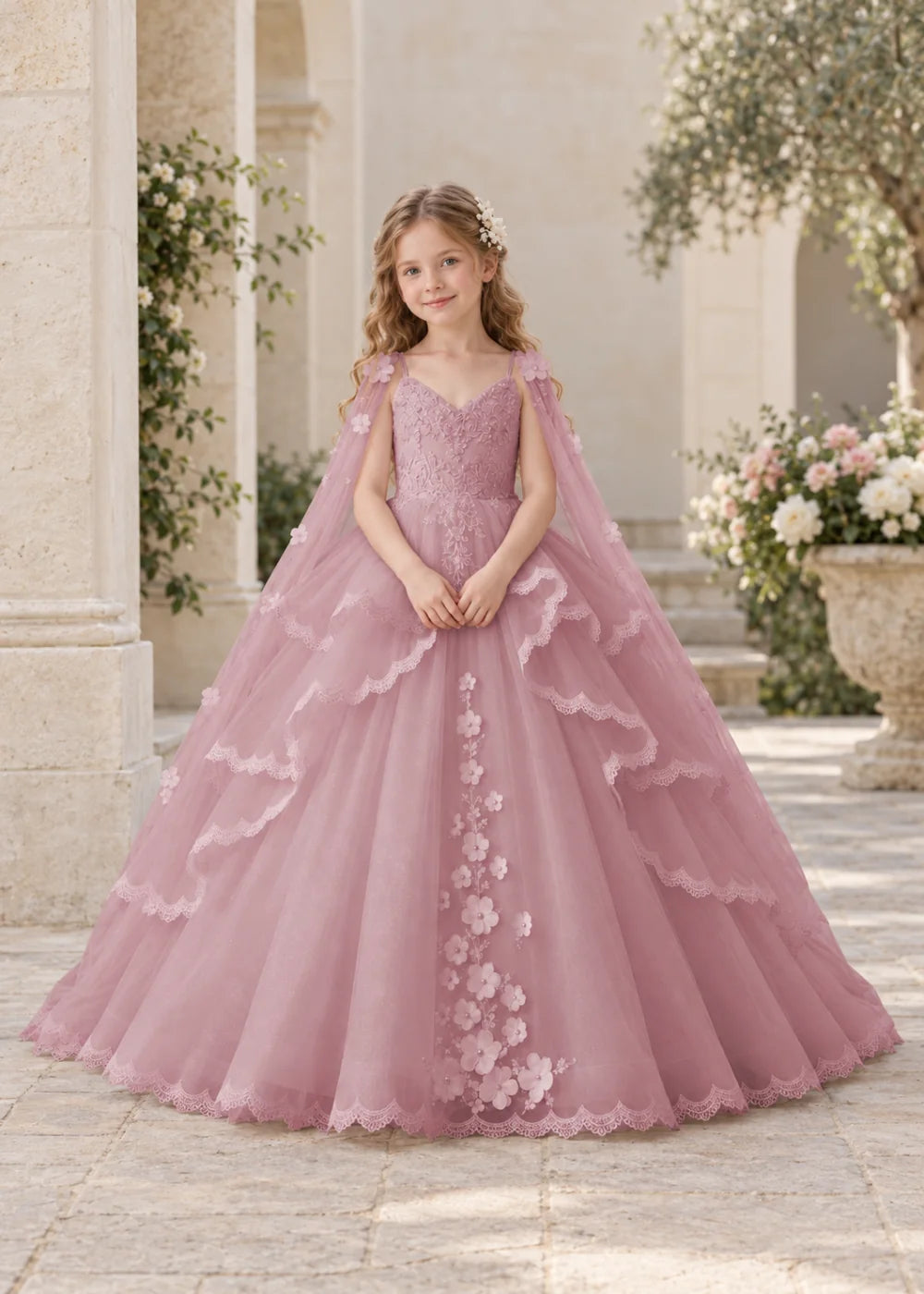 Dusty Rose Flower Girl Dress with Floral Lace and Shoulder Drapes