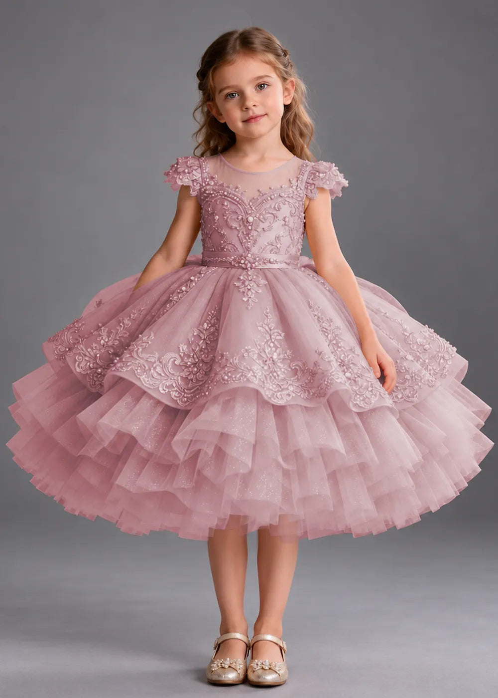 Gold Knee-Length Flower Girl Dress with Scalloped Lace Overlay