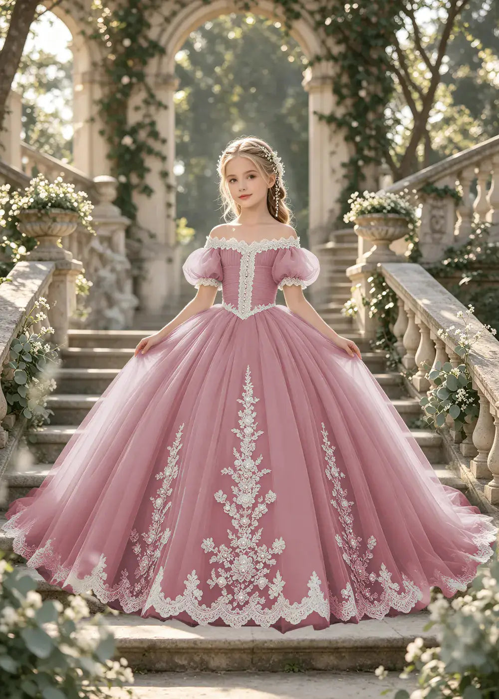 Flower girl dress in Dusty Rose, front view.