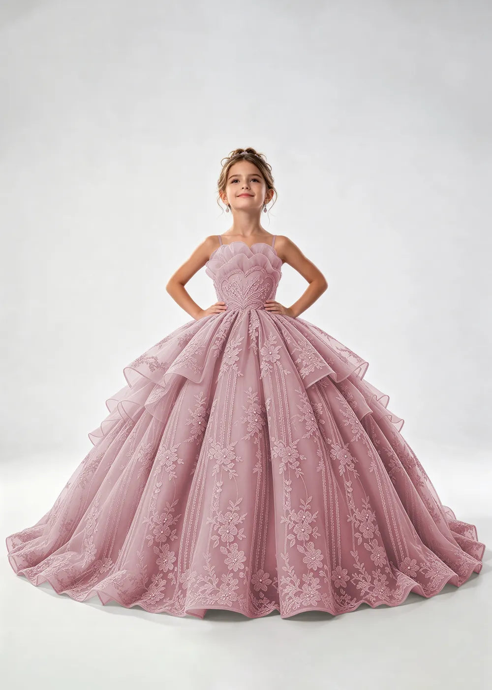 Flower girl dress in Dusty Rose, front view.