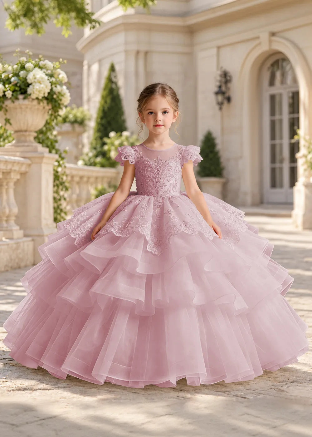 White Flower Girl Ball Gown with Scalloped Lace and Tiered Ruffles