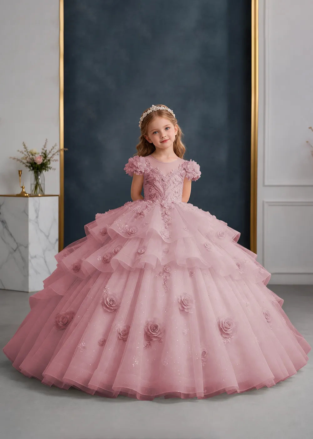 Pink Rose-Applique Flower Girl Ball Gown with Cascading Ruffles