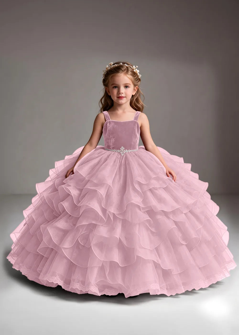 Burgundy Flower Girl Dress with Cascading Ruffles and Jeweled Waist