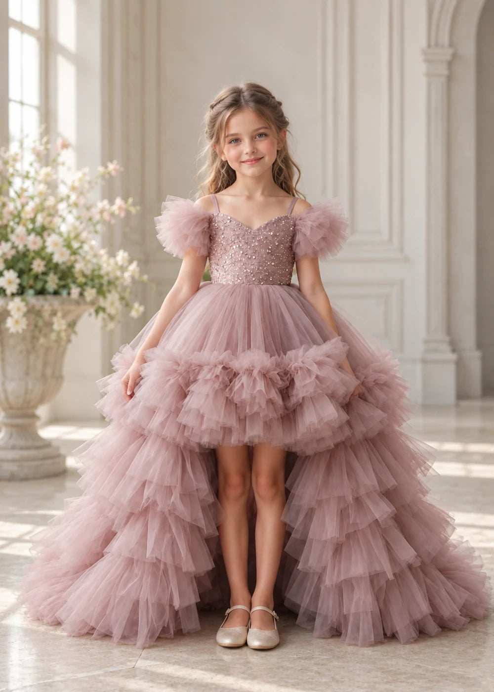 Front view of a child wearing a dusty rose flower girl dress with a V-neckline, a sequin-covered bodice and a tiered high-low tulle skirt with off-shoulder sleeve ruffles.