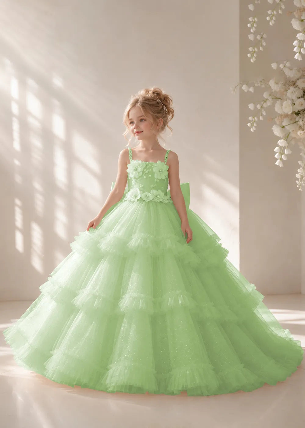 Front view of a child wearing a dusty sage flower girl dress with beaded spaghetti straps, a bodice covered in three-dimensional fabric flowers and a multi-tiered tulle skirt.