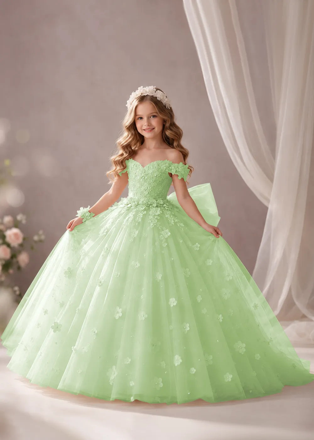 Pink Flower Girl Dress with Floral Appliques and a Full Skirt