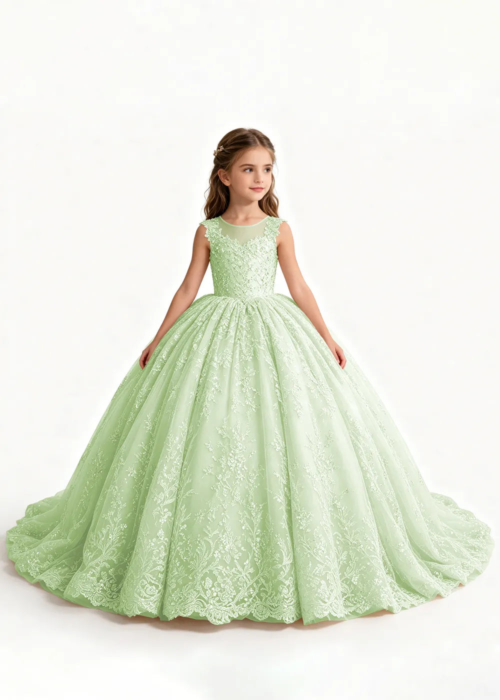 Champagne Flower Girl Gown with Floral Lace and Train