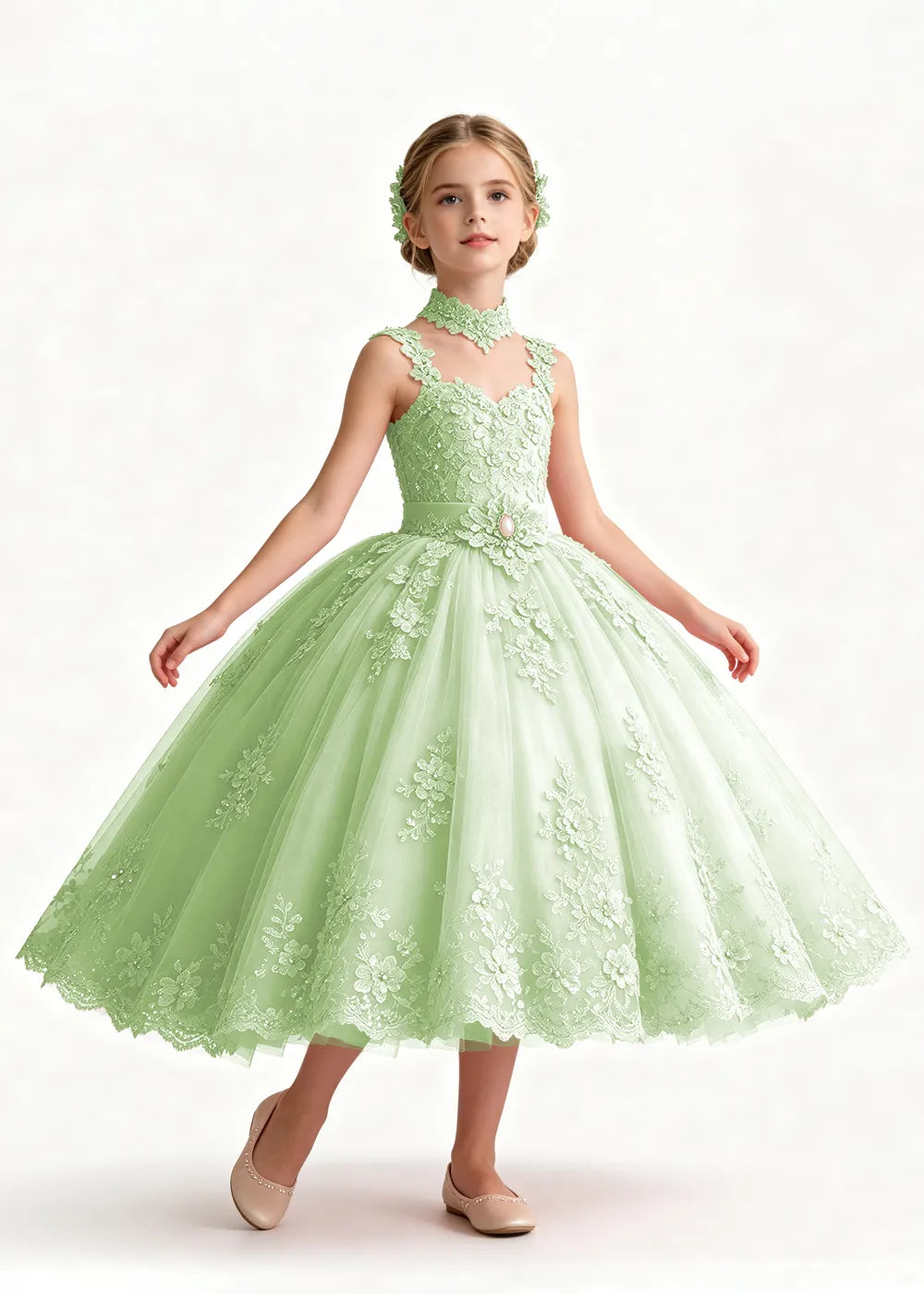 Pink Tea-Length Flower Girl Dress with Floral Neck Band