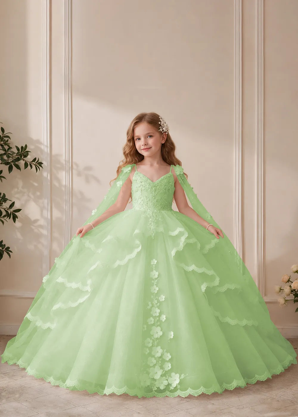 White Flower Girl Dress with Lace Ruffles and Sheer Shoulder Drapes