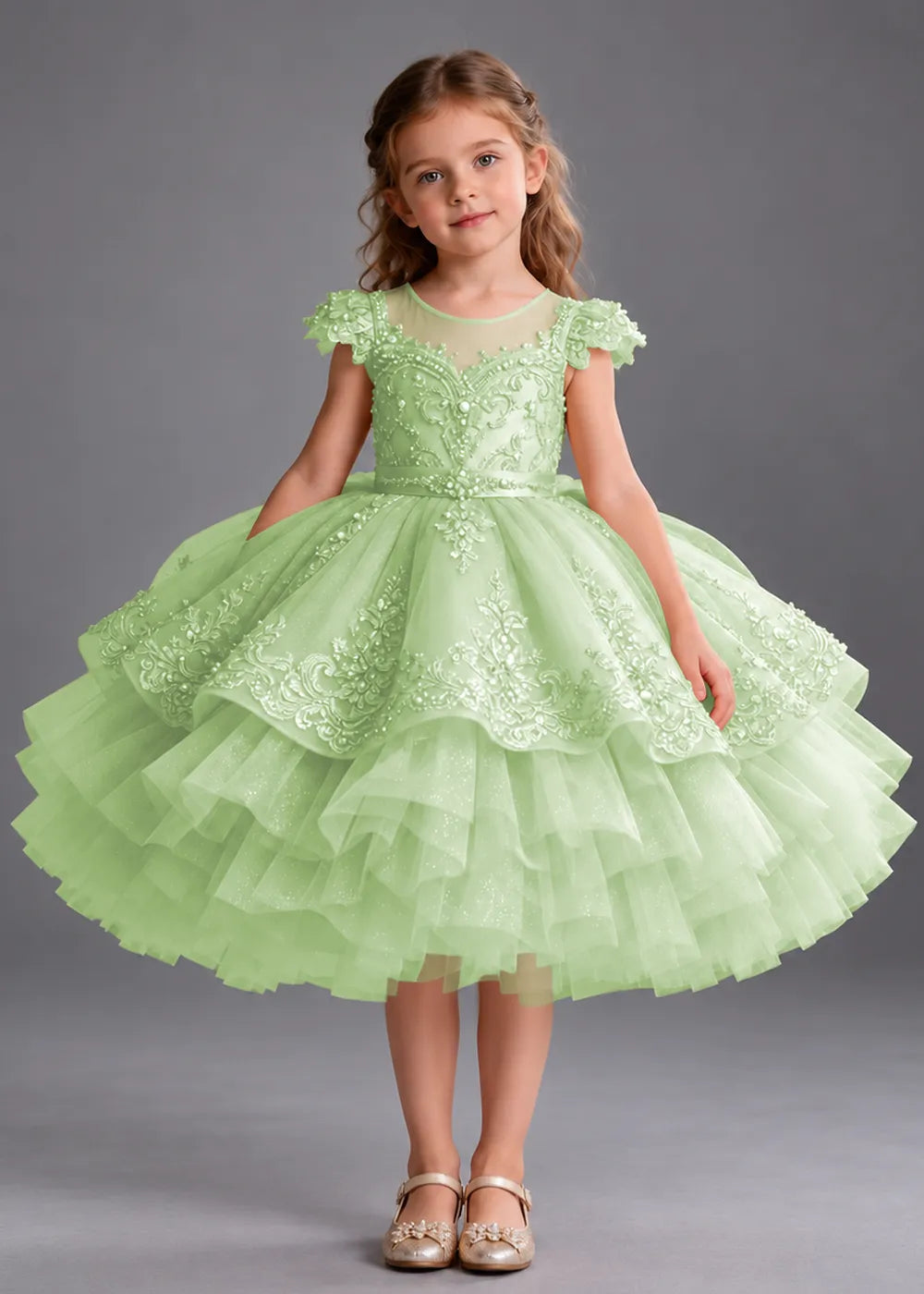 Gold Knee-Length Flower Girl Dress with Scalloped Lace Overlay