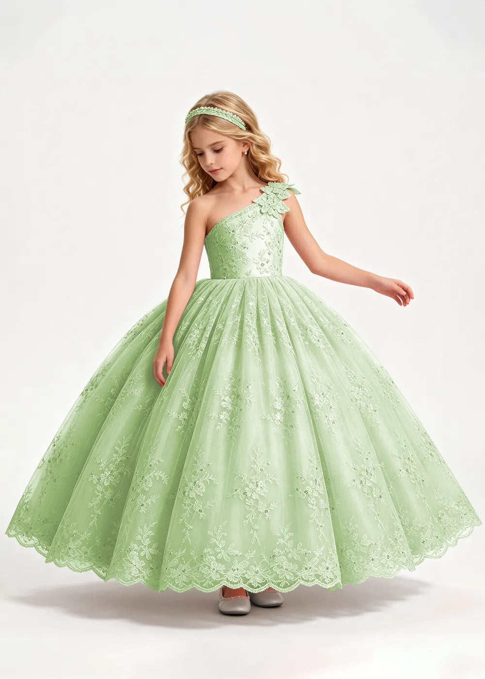 Warm Pale Blush One-Shoulder Flower Girl Gown with Scalloped Lace