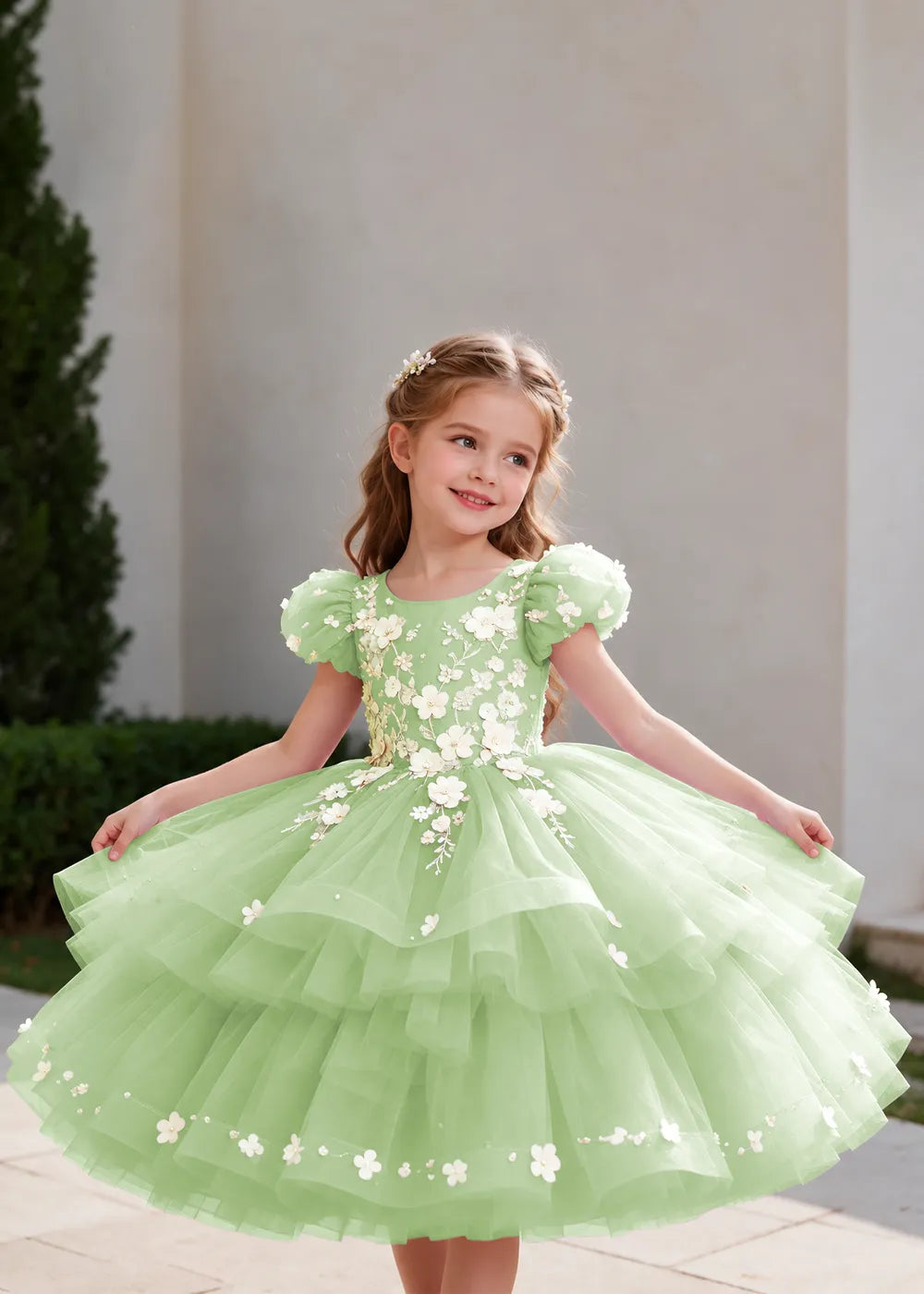 Lilac Puff-Sleeve Flower Girl Dress with Three-Tier Skirt