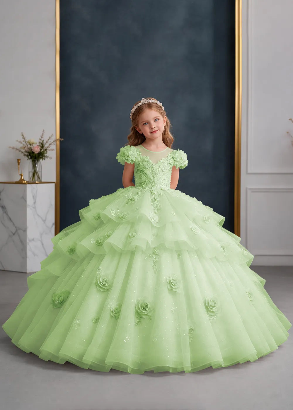 Pink Rose-Applique Flower Girl Ball Gown with Cascading Ruffles