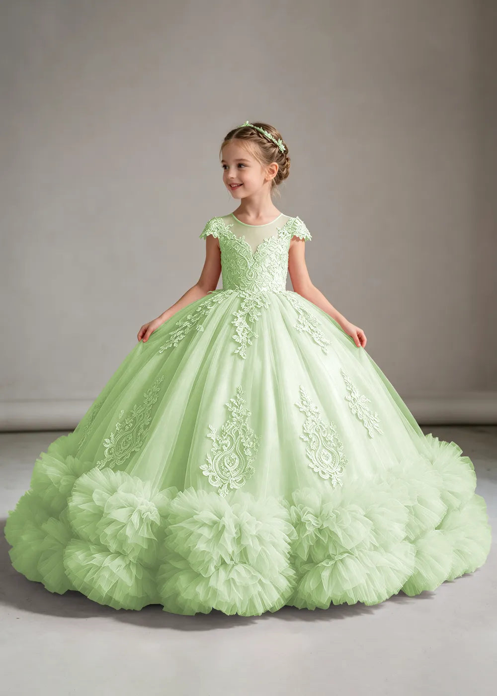 Pink Flower Girl Ball Gown with Floral Bodice and Ruffle Hem