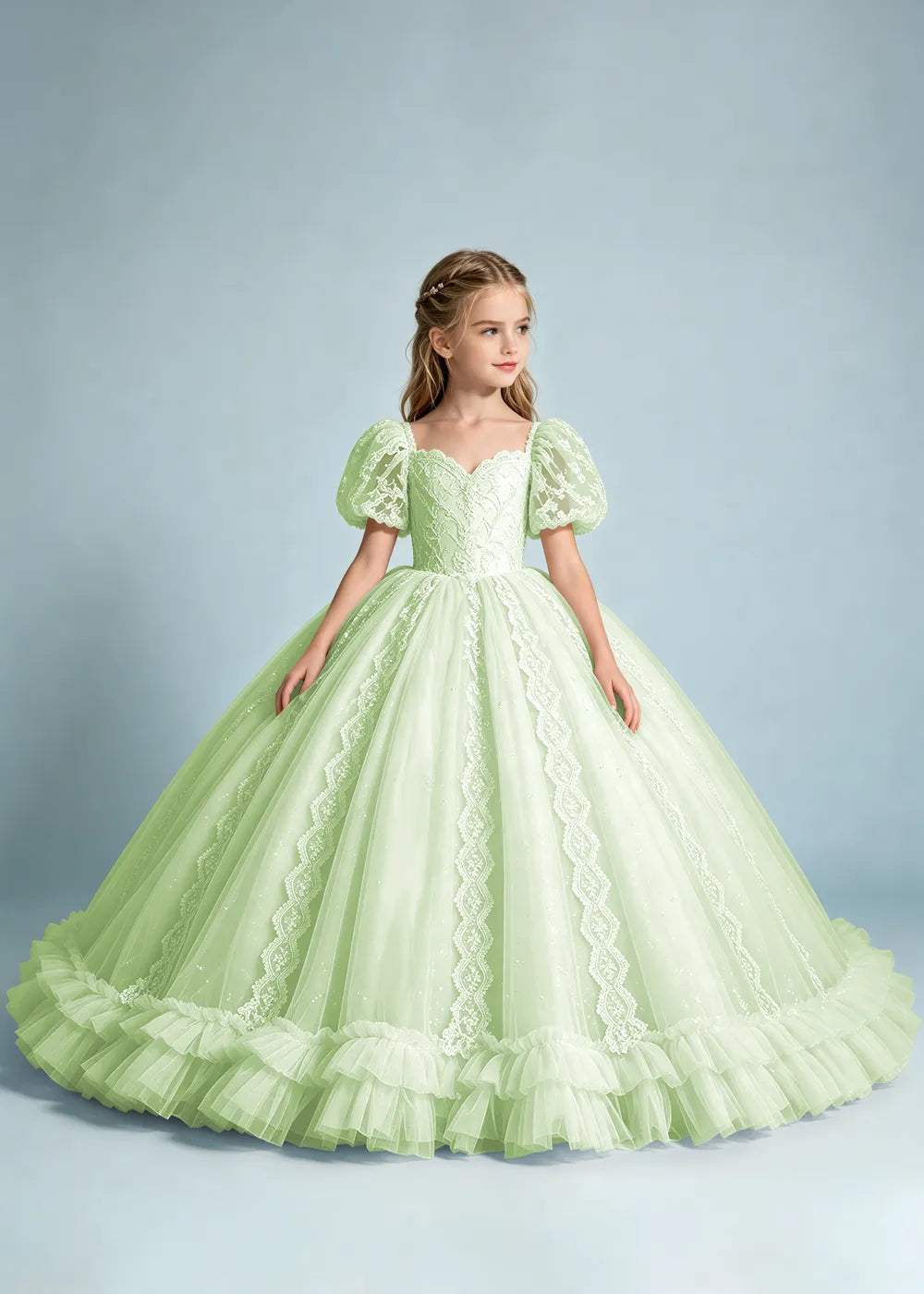 Warm Ivory Flower Girl Gown with Puff Sleeves and Ruffled Hem
