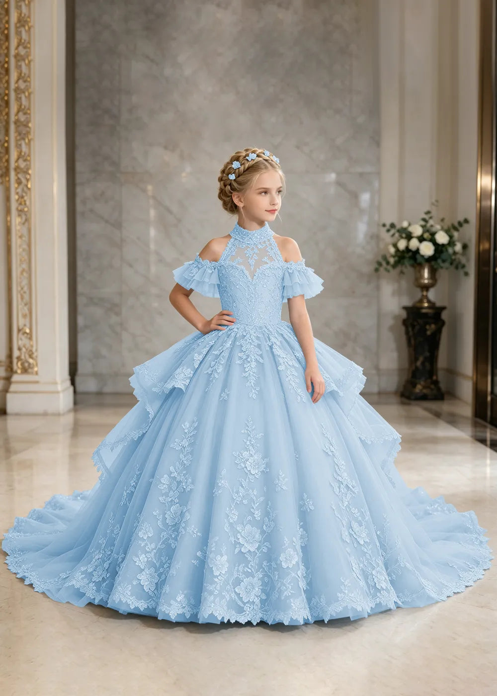 Illusion Neck Peplum Lace Princess Dress for Girls
