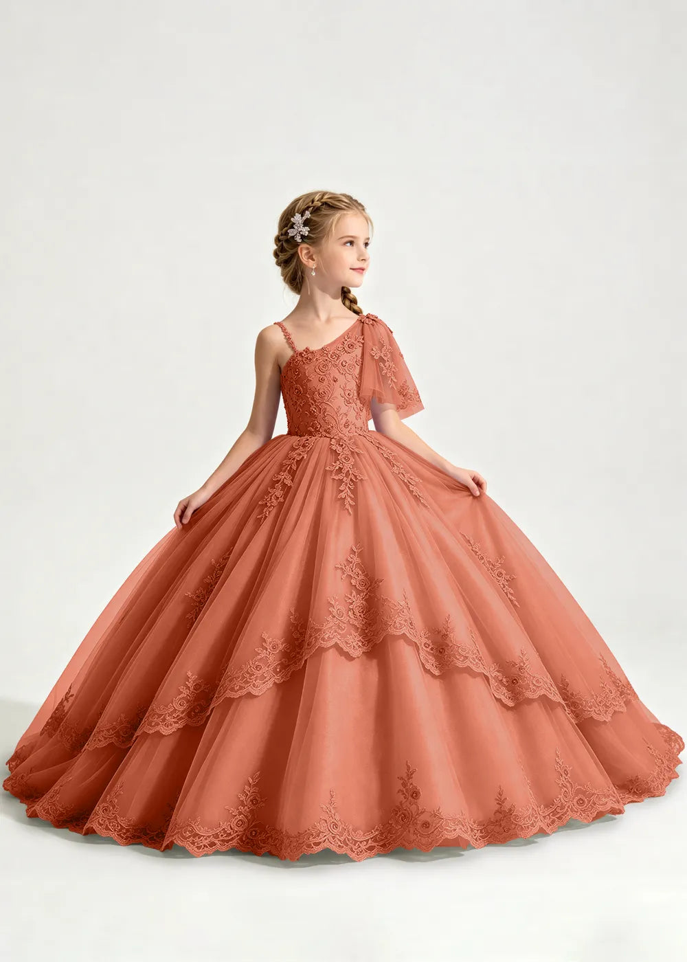 One-Shoulder Floral Lace Princess Dress for Girls