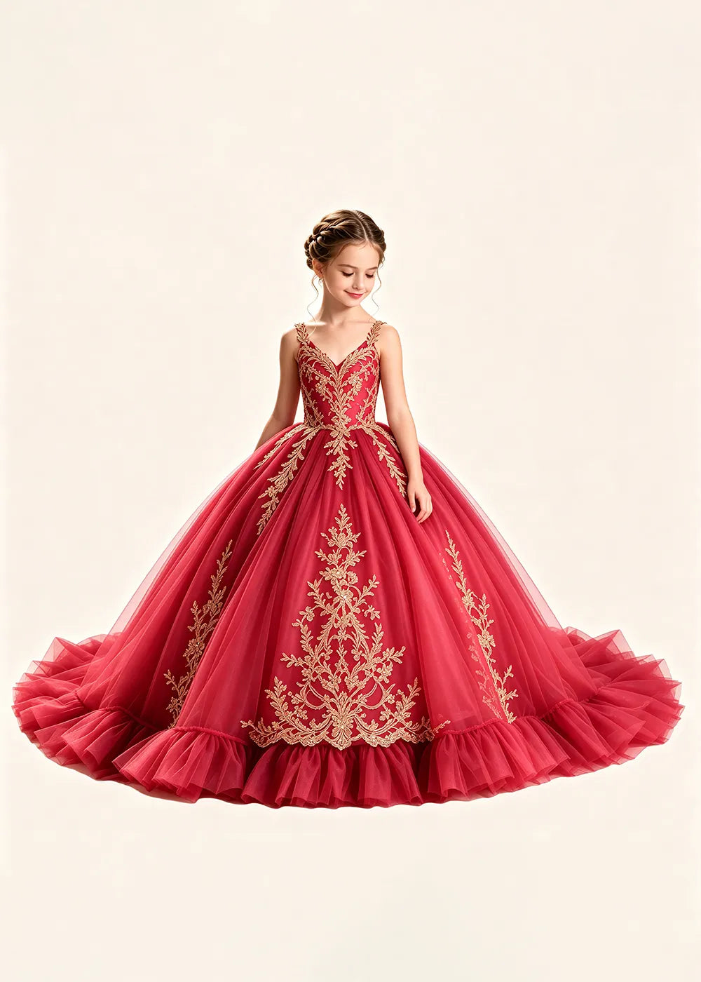 Gold Appliqué V-Neck Princess Dress for Girls
