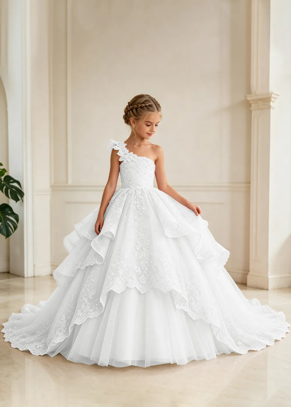 Floral Strap Tiered Lace Princess Dress for Girls