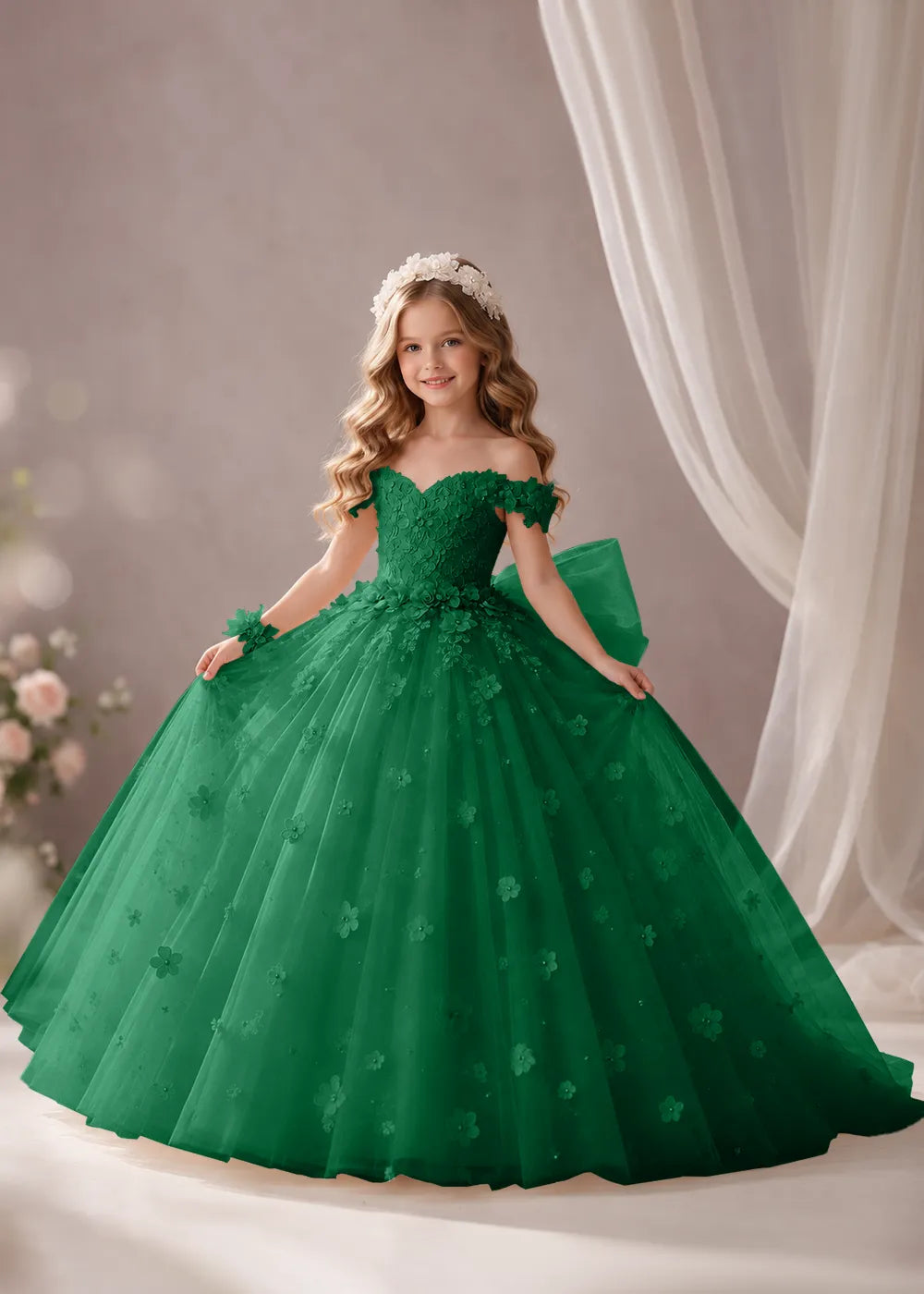 Ivory Flower Girl Dress with Off-Shoulder Florals and a Bow