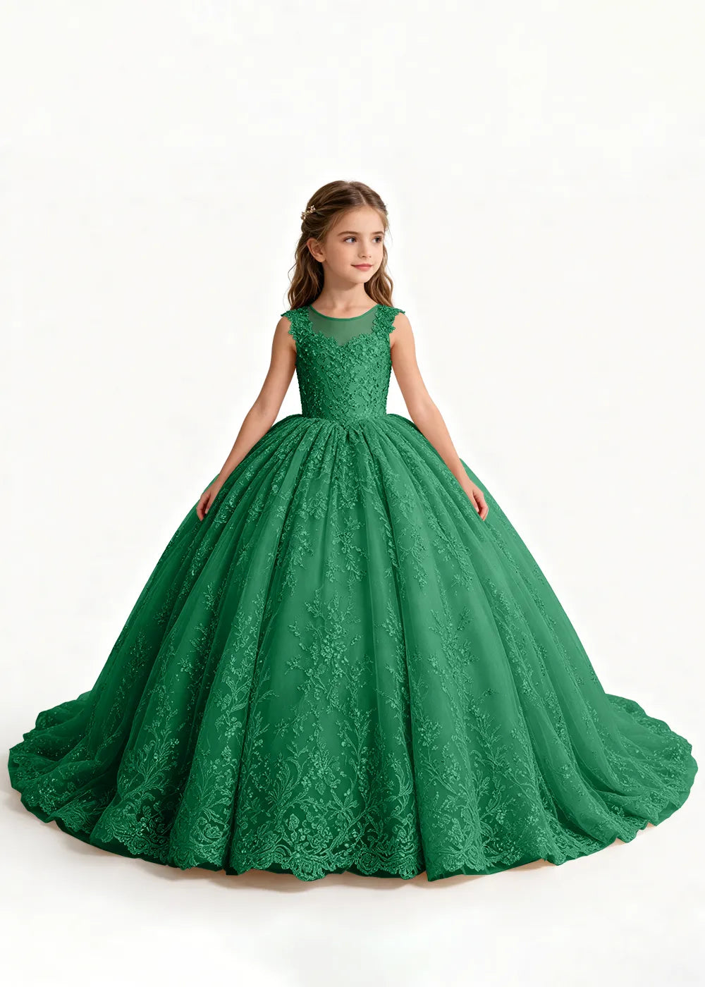 Navy Sleeveless Flower Girl Gown with Scalloped Train