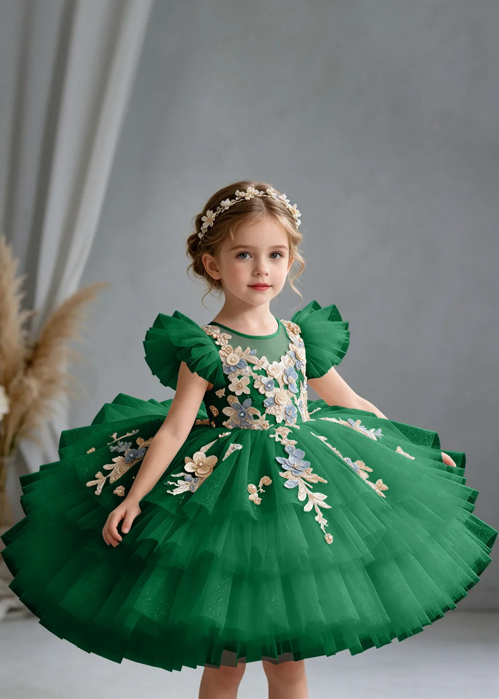 Flower girl dress in Emerald Green, front view.