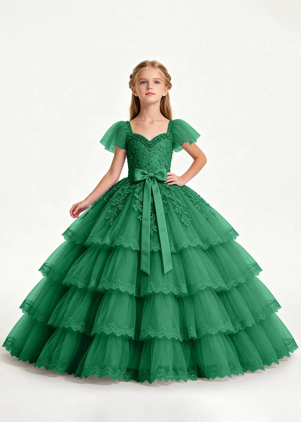 Navy Four-Tier Flower Girl Gown with Front Bow