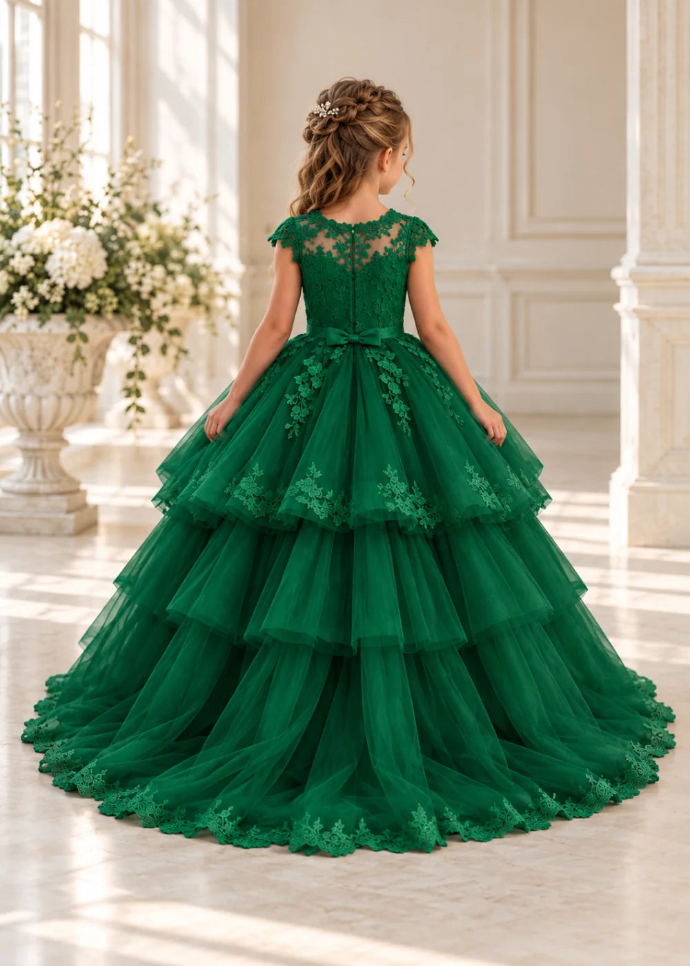 Rear view of a child wearing a emerald green flower girl dress with a sheer lace illusion neckline, cap sleeves and a tiered cake-style tulle skirt with a lace-trimmed hem.